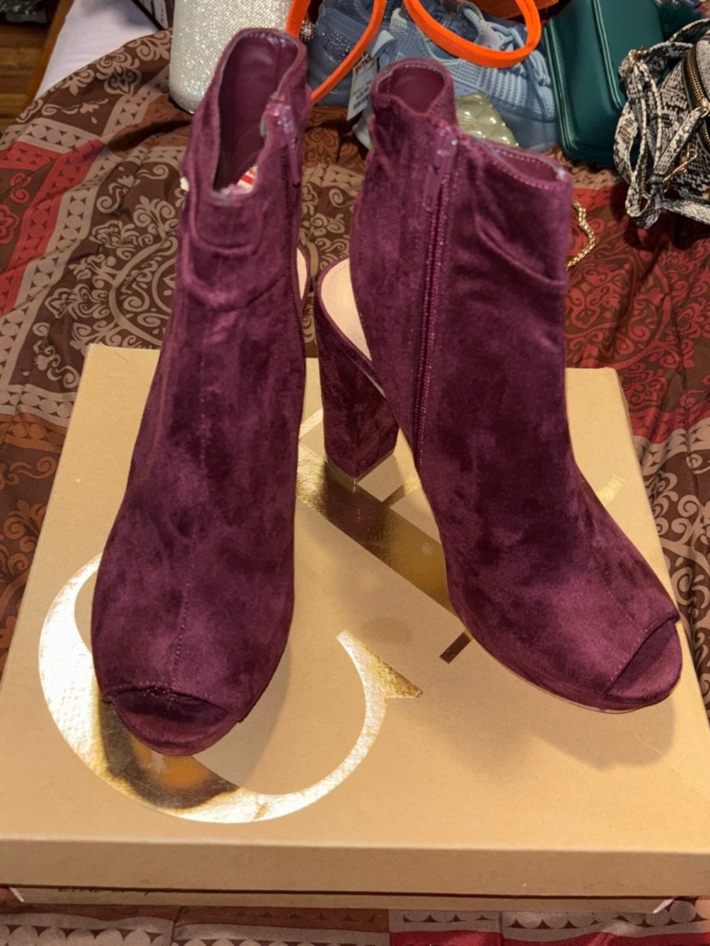 Charlotte Russe Plum Suede Peep-Toe Block Heel Ankle Boots
